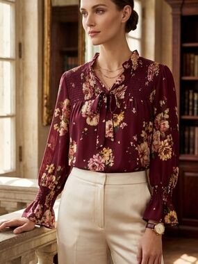 Mine Women's Burgundy Floral Chiffon Tie-Neck Blouse Top Size M Long Sleeves